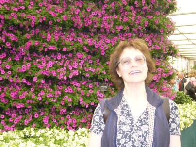 Dr Dinah Parums at the petunia wall. Chelsea Flower Show